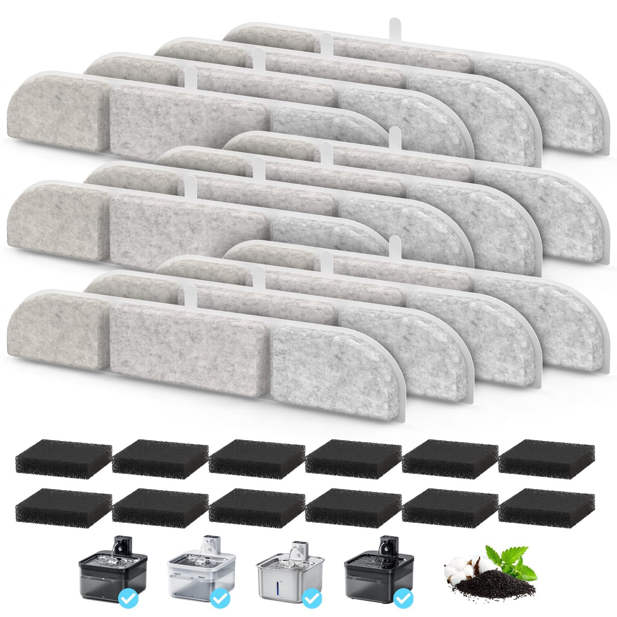 Activated Carbon Replacement Filters for Cat Water Fountain – 12 Pack (12 Filters + 12 Sponges) | Sip & Purr™